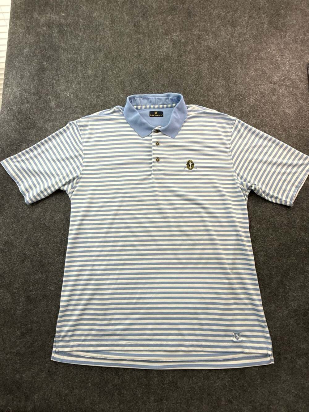 Sakmann Men's Striped Golf Polo Shirt Light Blue White Cow Logo Size XL